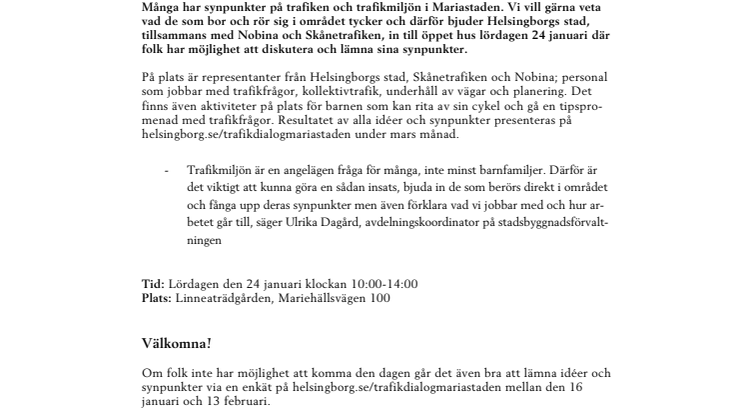 Öppet hus om trafiken i Mariastaden lördagen 24 januari 