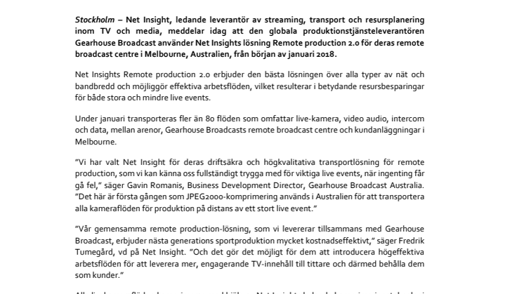Gearhouse Broadcast samarbetar med Net Insight kring  Remote production i Australien