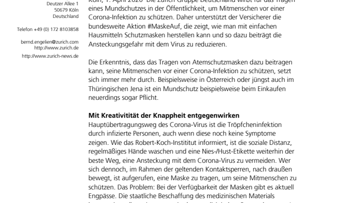Mundschutz für alle. Zurich unterstützt Aktion #MaskeAuf!
