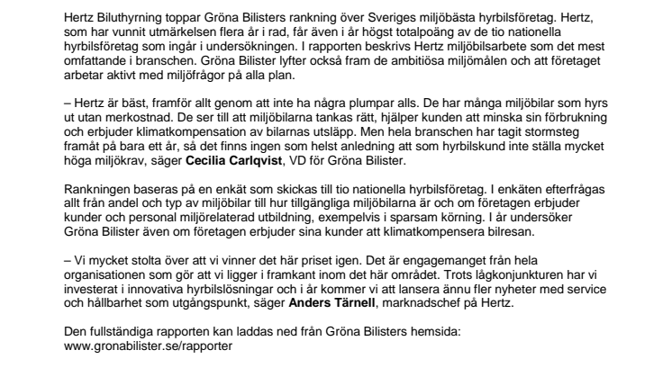 Hertz är Sveriges miljöbästa hyrbilsföretag