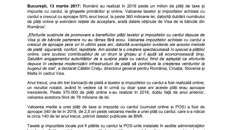 Românii au făcut peste un milion de plăţi de taxe şi impozite cu cardul anul trecut, în valoare de 360 mil. lei