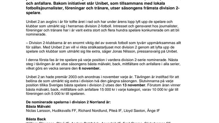 Norrlands bästa spelare i division 2-fotbollen nominerade
