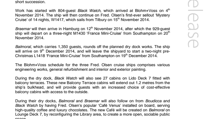 Fred. Olsen Cruise Lines’ Black Watch, Braemar and Balmoral to undergo refurbishment at Hamburg’s Blohm+Voss in November and December 2014