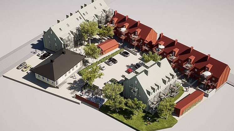 Två- och trevåningshus i korslimmat KL-trä formar i centrala kvarteret Gropgården Sturestadens Fastighets nyproducerade bostadshus i Arboga. Bild: Sturestadens Fastighets AB