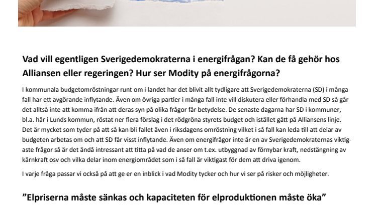 Modity månadsbrev - Sverigedemokraternas energipolitik