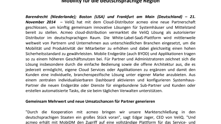 VeliQ und acmeo vereinbaren gemeinsame Kooperation bei Cloud und Mobility für die deutschsprachige Region 