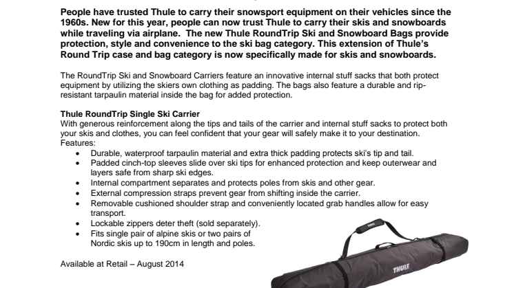 Thule Introduces Three New Winter Sports Bags– The Thule RoundTrip Ski Bags