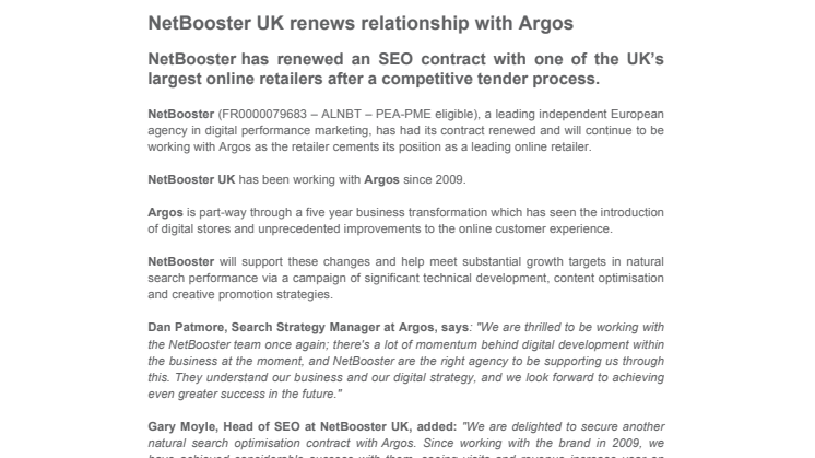 NetBooster UK renews relationship with Argos