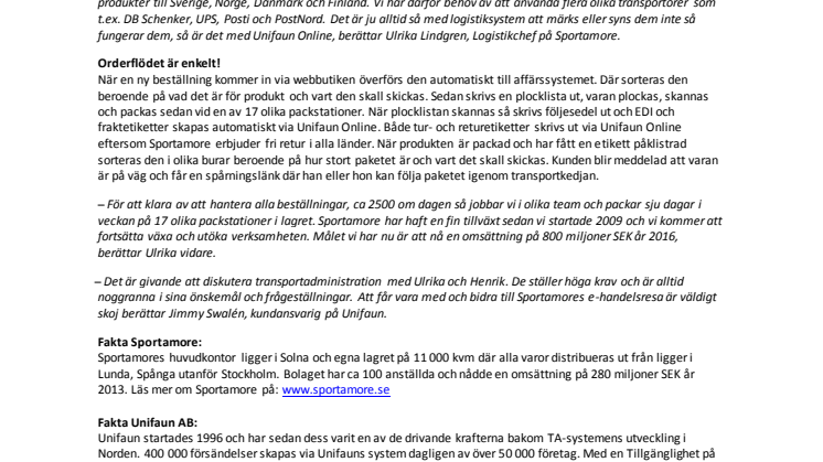 Sportamore skickar sport och modeartiklar till fyra länder via Unifauns TA-system