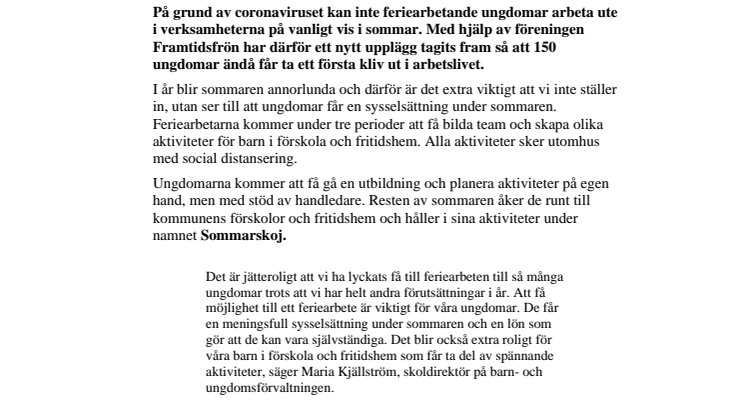 Pressinbjudan: Nytt upplägg för feriearbetare på grund av coronaviruset