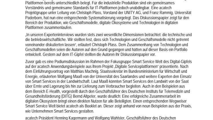 Digital-Gipfel 2017: acatech präsentiert Systematik und Praxisbeispiele zu IT-Plattformen