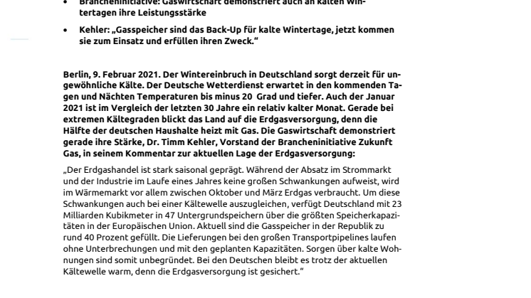 Kehler zum Stand der Erdgasversorgung während der Kältewelle