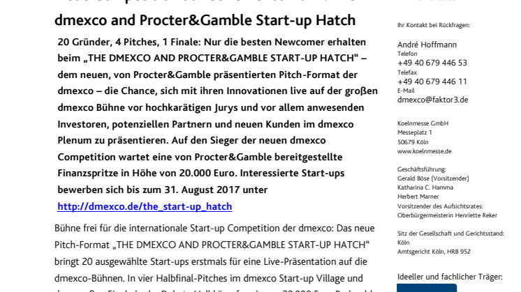 Neue Competition auf der dmexco 2017: The dmexco and Procter&Gamble Start-up Hatch