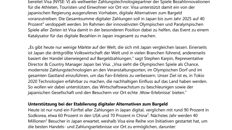 Ein Jahr vor Olympischen Spielen in Tokio 2020: Visa plant weitere Etablierung des bargeldlosen Bezahlens in Japan