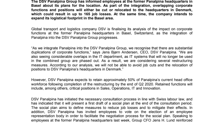 DSV announces plans for Panalpina headquarters and continued presence in Basel, as integration progresses 