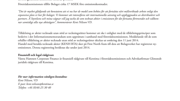 Kentima Holding ABs (publ) företrädesemission slutförd