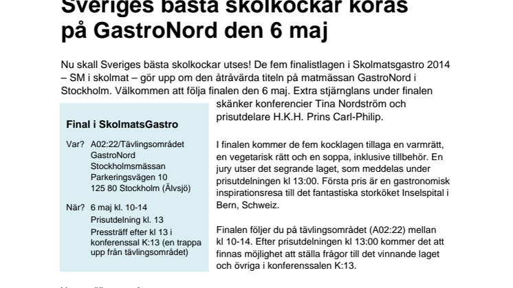 PRESSINBJUDAN Sveriges bästa skolkockar koras på GastroNord den 6 maj