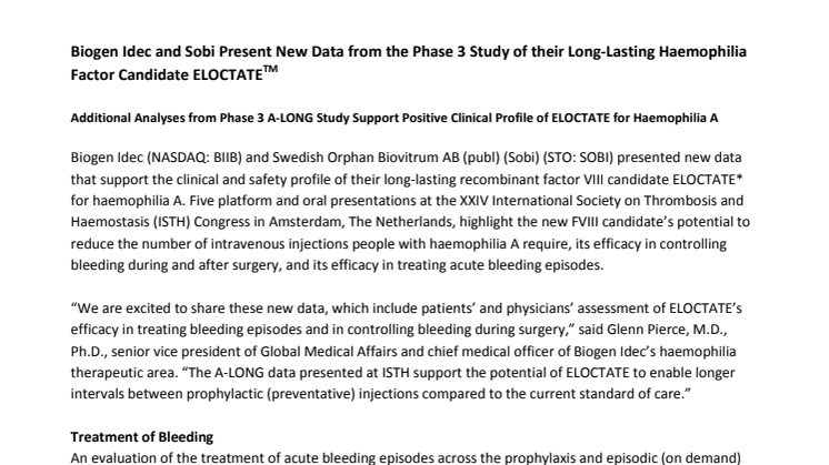 Biogen Idec and Sobi Present New Data from the Phase 3 Study of their Long-Lasting Haemophilia Factor Candidate ELOCTATE(TM)