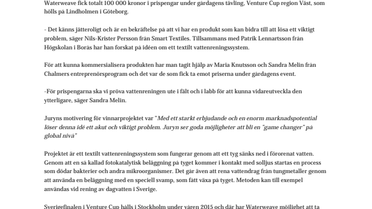 Textil vattenrening kammade hem regionfinalen i Venture Cup