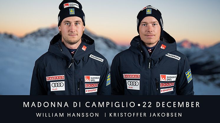 William Hansson, Mälaröarnas Alpina, och Kristoffer Jakobsen, Storklintens Alpina, kör kvällsslalom i Madonna di Campiglio 22 december. Foto: Ski Team Sweden Alpine