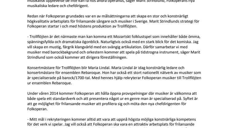 Folkoperan rekryterar musiker med specialkompetens till Trollflöjten och har öppna provspelningar 
