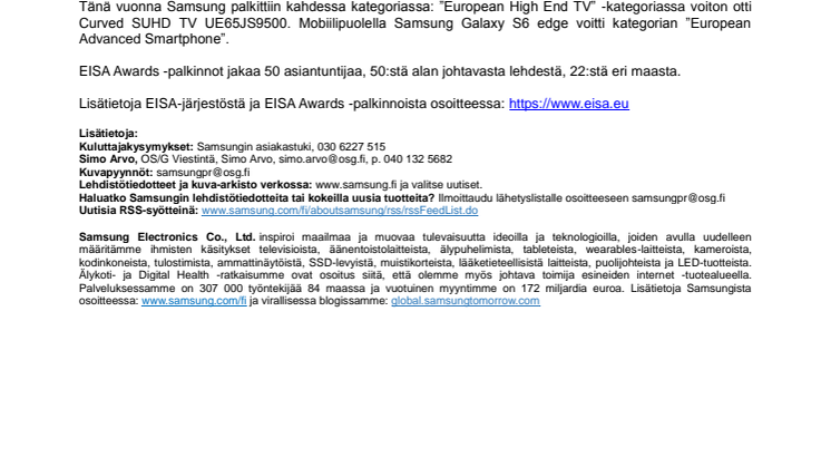 ​Samsung Galaxy S6 ja Curved SUHD TV kahmivat palkintoja