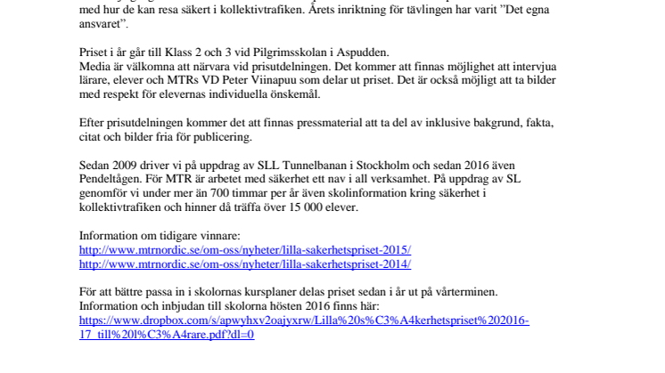 Pressinbjudan - Prisutdelning Lilla säkerhetspriset 2017