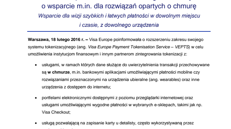 Visa Europe rozszerza zakres usługi tokenizacji o wsparcie m.in. dla rozwiązań opartych o chmurę