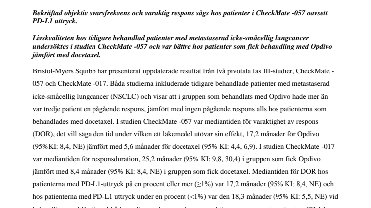 ​Opdivo® (nivolumab) visar varaktig respons i den längsta uppföljningen av PD1-hämmare vid behandling av tidigare behandlad metastaserad icke-småcellig lungcancer