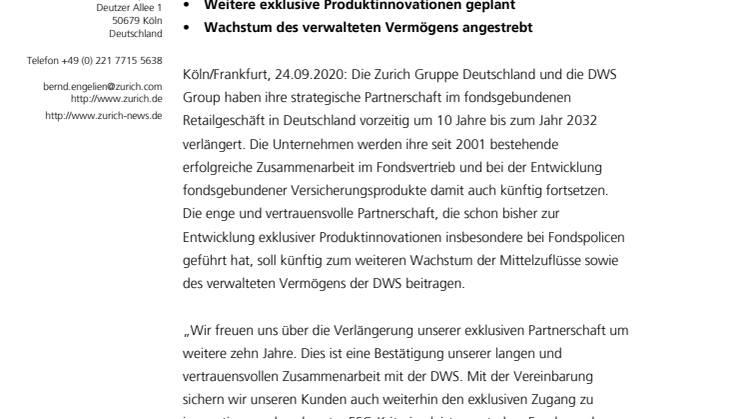 Zurich und DWS verlängern ihre strategische Partnerschaft 