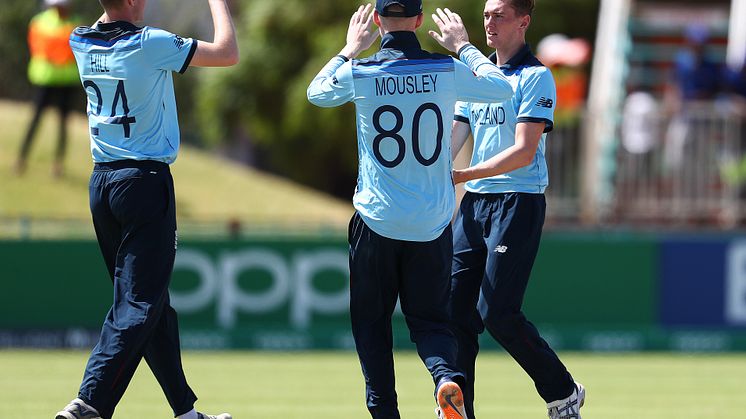 George Hill celebrates a wicket for England U19s (IBC/Getty Sports)