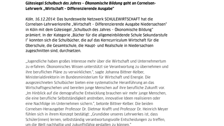 Gütesiegel Schulbuch des Jahres – Ökonomische Bildung geht an Cornelsen-Lehrwerk „Wirtschaft – Differenzierende Ausgabe“ 