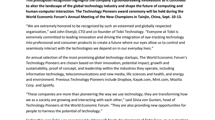 Tobii Named 2013 World Economic Forum Technology Pioneer