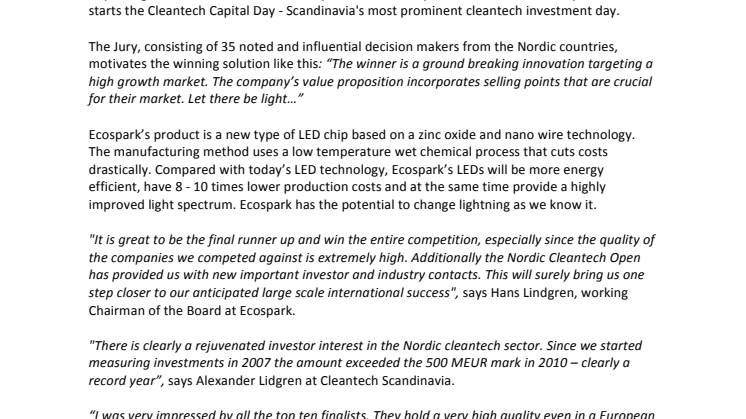 Let there be light! Swedish cleantech start-up Ecospark voted Winner of the Nordic Cleantech Open 2011. 