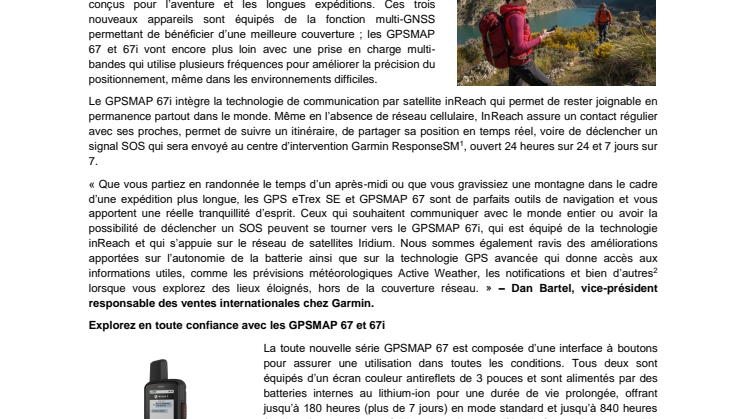 Garmin PRESS RELEASE eTrex SE & GPSMAP 67/67i CHF 