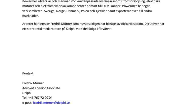 Delphi rådgivare när Addtech förvärvar samtliga aktier i Powermec AB