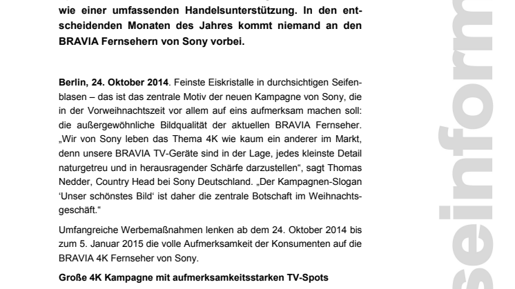 „Unser schönstes Bild“: Sony startet großangelegte Kampagne zur Bewerbung der BRAVIA 4K Fernseher 