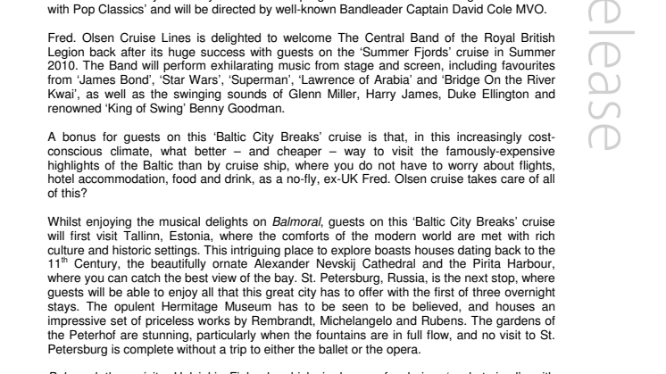 Fred. Olsen Cruise Lines welcomes back The Central Band of the Royal British Legion