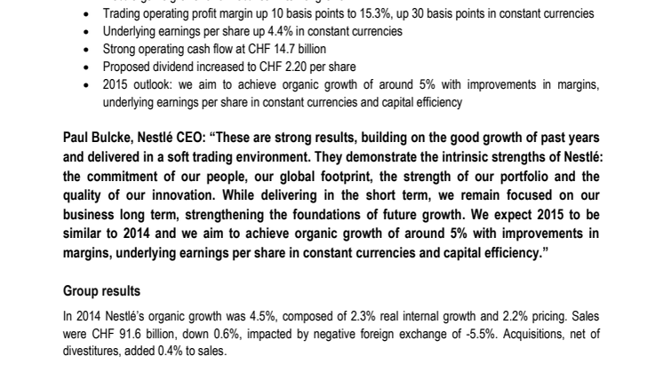 Nestlés globala resultat för 2014 visar 4.5% tillväxt