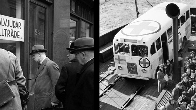 Einar Åbergs bokhandel i Stockholm i oktober 1941 och Vita bussarna anländer till Malmö hamn i maj 1945. Fotografier från Karl Sandels samling, Historisk Bildbyrå och KW Gullers, Nordiska museet.