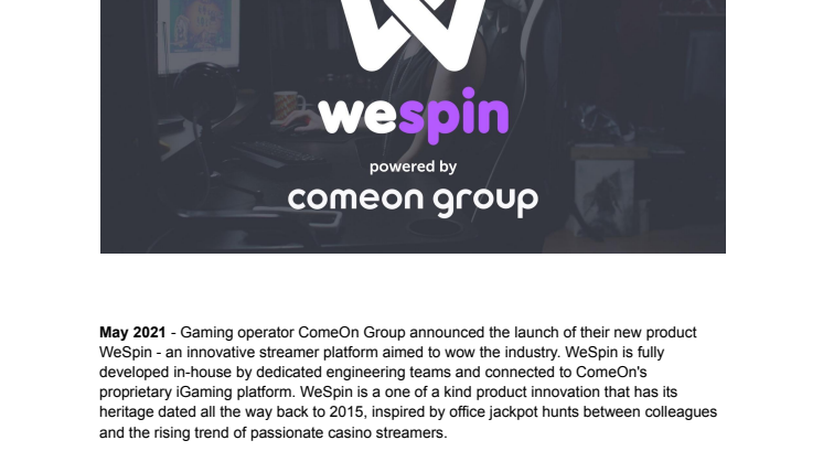 WeSpin, part of ComeOn Group, launches new innovative casino streamer platform