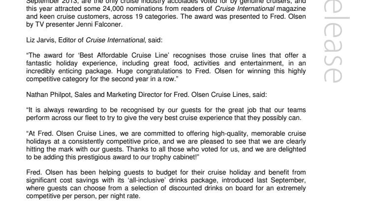 Fred. Olsen Cruise Lines is voted ‘Best Affordable Cruise Line’, for the second year running, at the 2013 ‘Cruise International Awards’ 