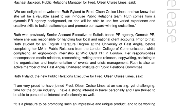 Ruth Ryland appointed Public Relations Executive  for Fred. Olsen Cruise Lines