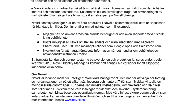 Novell Identity Manager 4 säkrar identitet och behörighet i molnet 