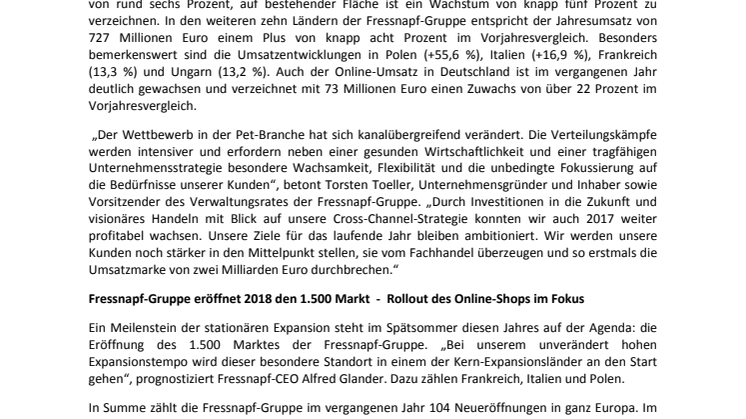 Die Fressnapf-Gruppe wächst weiter: Neuer Rekordumsatz 2017 