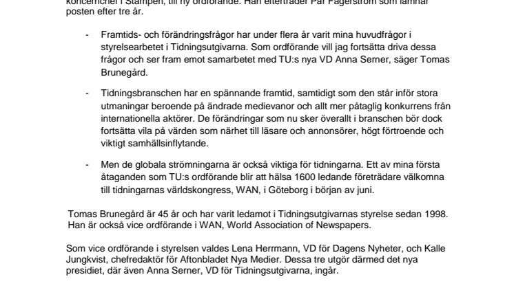 Tomas Brunegård vald till ny ordförande i Tidningsutgivarna