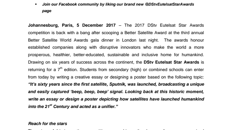 The 2017 edition of the DStv Eutelsat Star Awards launches with a brand new Facebook page!