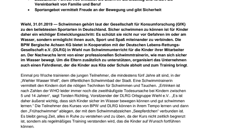 Kinder lernen sicher schwimmen – BPW kooperiert mit DLRG