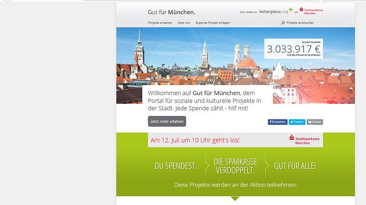 Auf der Spenden-Plattform www.gut-fuer-muenchen.de werden am Donnerstag, 12. Juli eingehende Spenden von der Stadtsparkasse München verdoppelt.