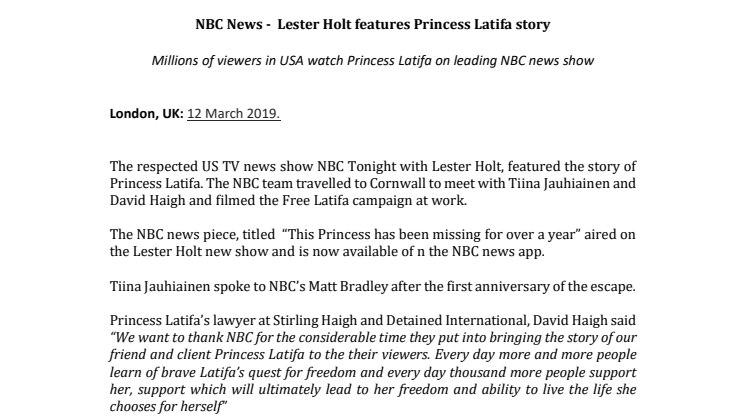 NBC News -  Lester Holt features Princess Latifa story
